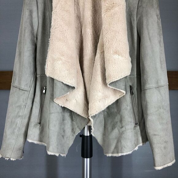 Fantazia Taupe Faux Suede & Cream Faux Fur‎ Lined Cardigan Open Jacket Sz M - Picture 3 of 10